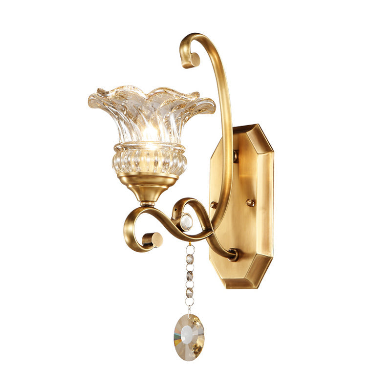 Modern Clear Glass Flower Sconce: Brass Wall Lamp With Crystal Accent - 1/2 Lights