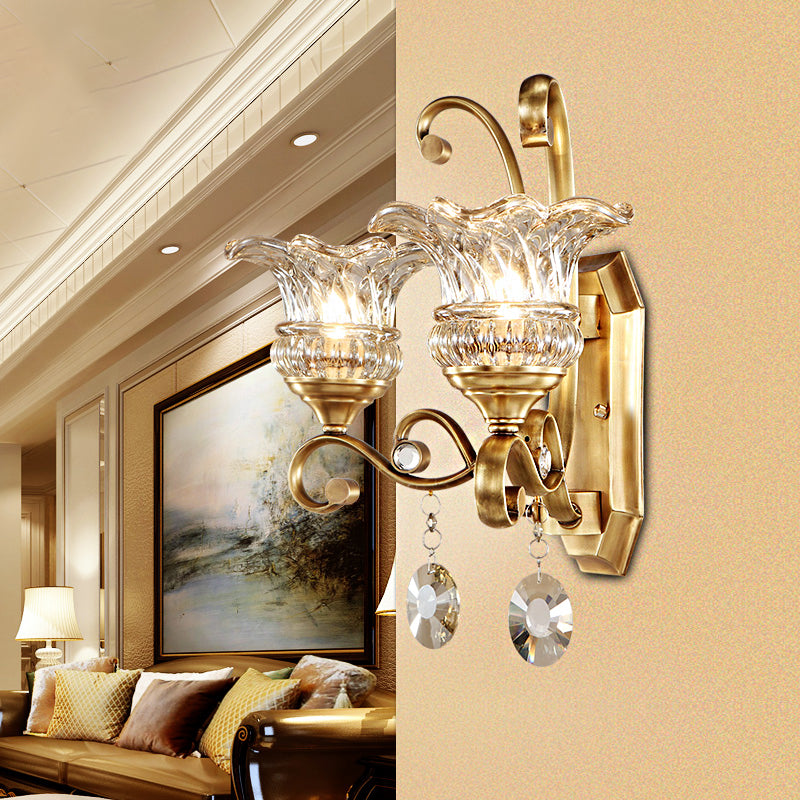 Modern Clear Glass Flower Sconce: Brass Wall Lamp With Crystal Accent - 1/2 Lights 2 /