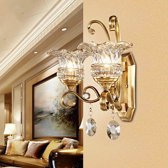 Modern Clear Glass Flower Sconce: Brass Wall Lamp With Crystal Accent - 1/2 Lights 2 /