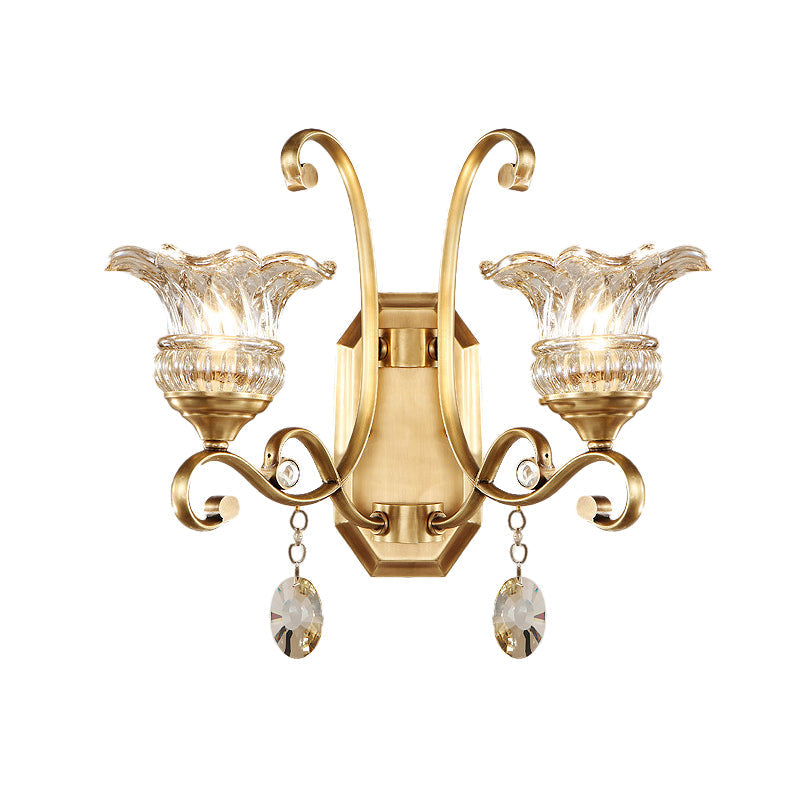 Modern Clear Glass Flower Sconce: Brass Wall Lamp With Crystal Accent - 1/2 Lights