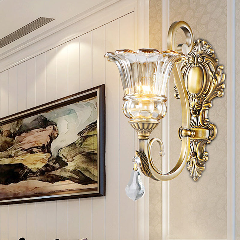 Contemporary Brass Wall Mount Light With Crystal Drop - Flower Bedroom Sconce