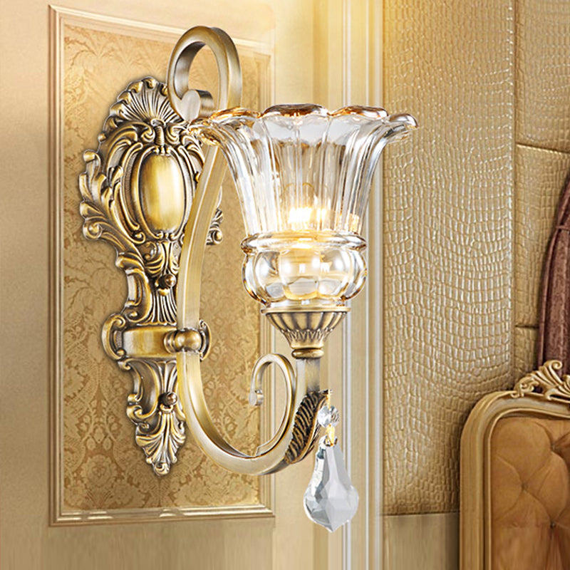 Contemporary Brass Wall Mount Light With Crystal Drop - Flower Bedroom Sconce 1 /