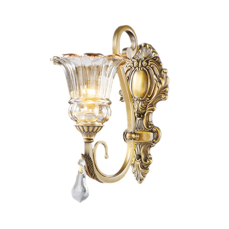 Contemporary Brass Wall Mount Light With Crystal Drop - Flower Bedroom Sconce