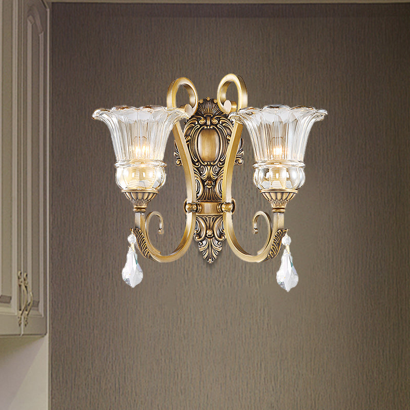 Contemporary Brass Wall Mount Light With Crystal Drop - Flower Bedroom Sconce 2 /