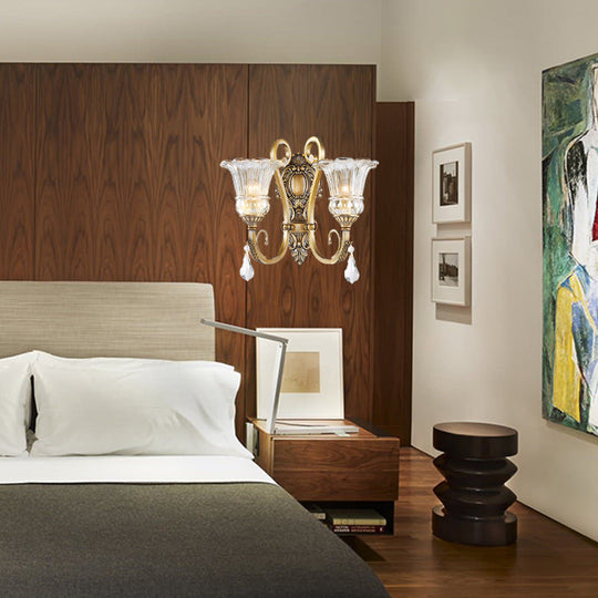 Contemporary Brass Wall Mount Light With Crystal Drop - Flower Bedroom Sconce