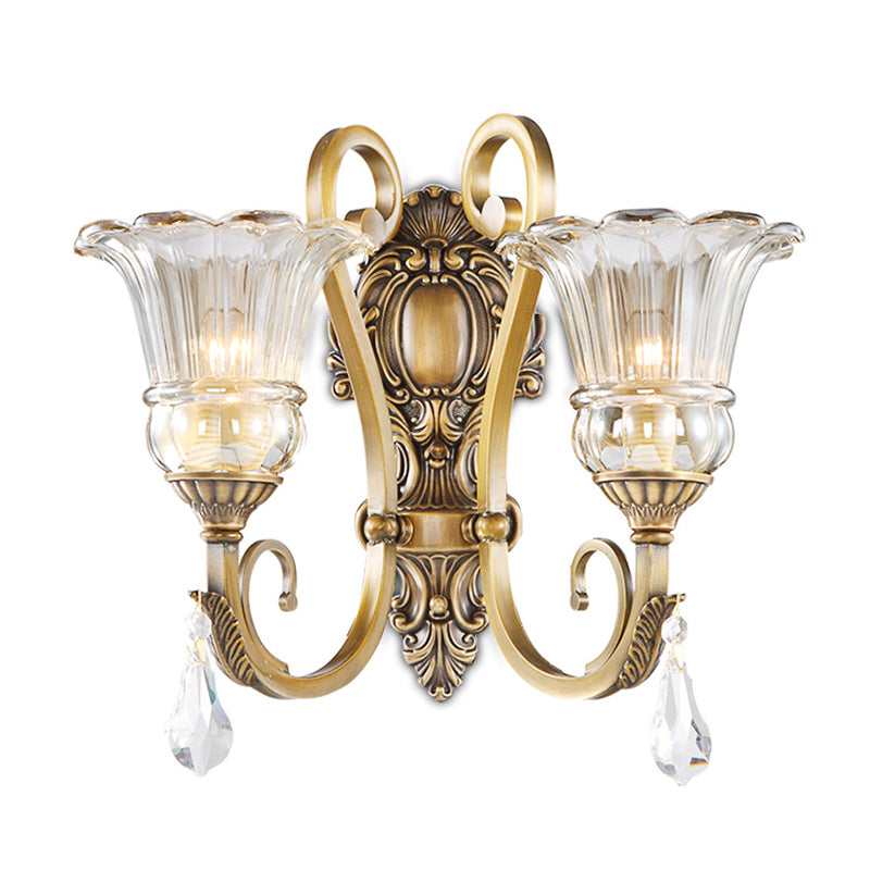 Contemporary Brass Wall Mount Light With Crystal Drop - Flower Bedroom Sconce