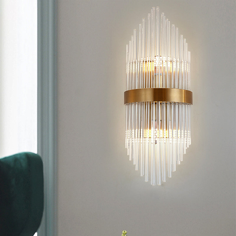 Postmodern Crystal Rod Shield Wall Mount Sconce Light For Living Room - Gold Finish 2/3 Heads