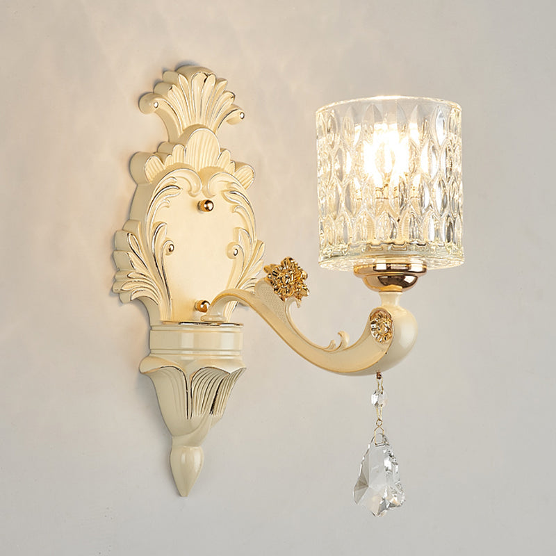 Modern Gold Wall Mount Cylinder Sconce Light With Clear Dimpled Glass Crystal Drop - 1/2 Heads 1 /