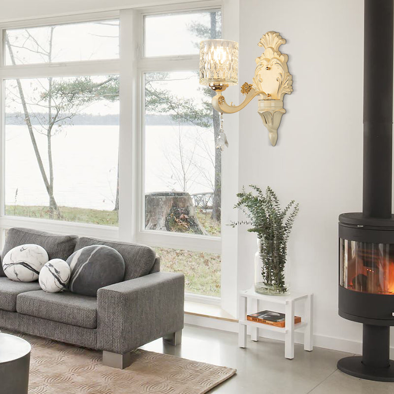 Modern Gold Wall Mount Cylinder Sconce Light With Clear Dimpled Glass Crystal Drop - 1/2 Heads