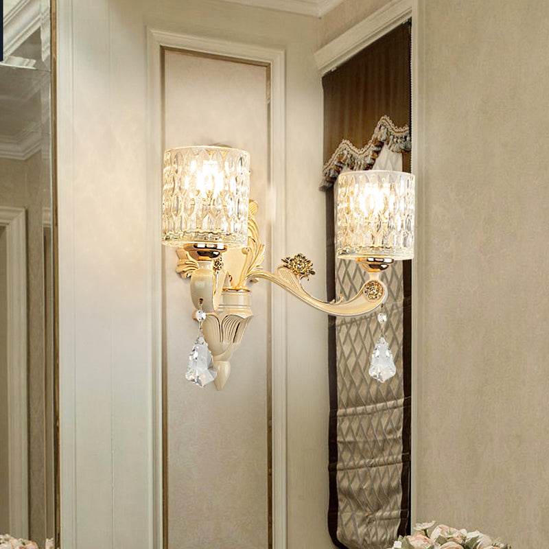 Modern Gold Wall Mount Cylinder Sconce Light With Clear Dimpled Glass Crystal Drop - 1/2 Heads