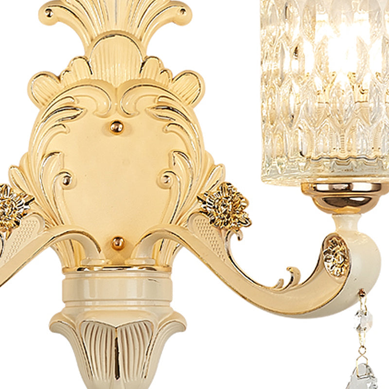 Modern Gold Wall Mount Cylinder Sconce Light With Clear Dimpled Glass Crystal Drop - 1/2 Heads