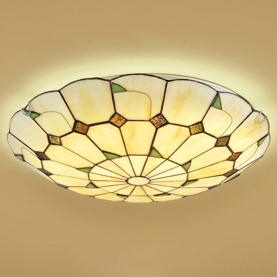Vintage Tiffany Stained Glass Ceiling Light With Leaf Pattern - Flush Mount Led Lamp For Living