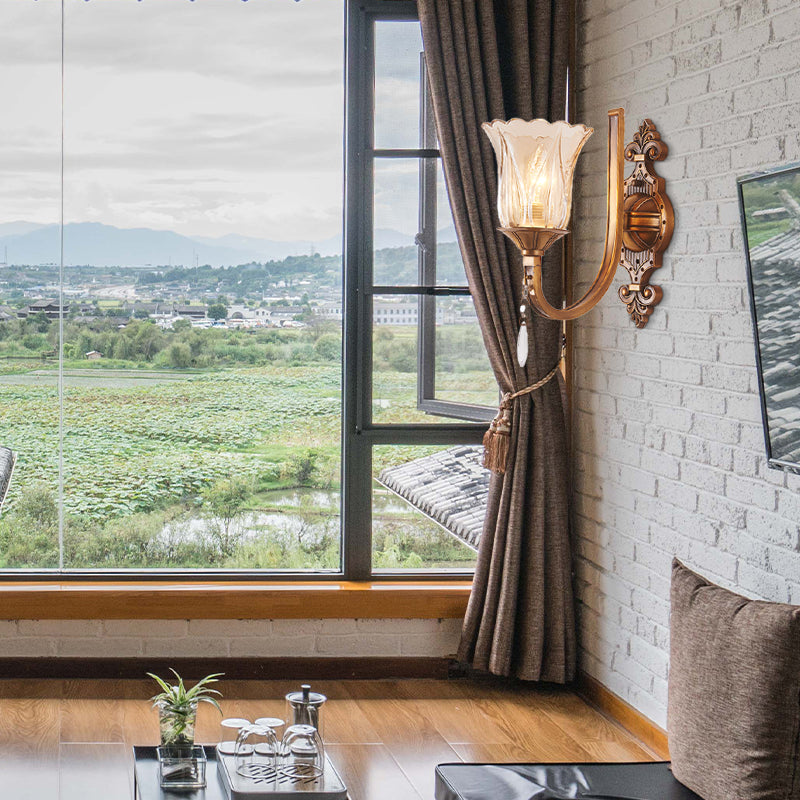 Vintage Cognac Glass Flower Wall Light With Brass Sconce Crystal Drop - 1/2 Heads