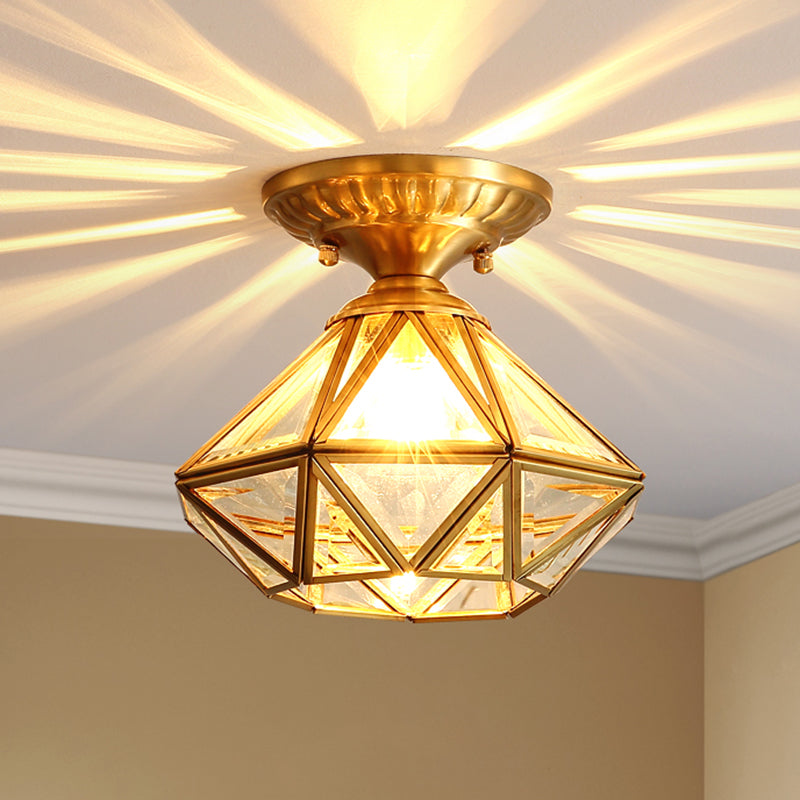 European Style Flush - Mount Ceiling Light: Full Brass Glass Shade 1 Light Polyhedron Design