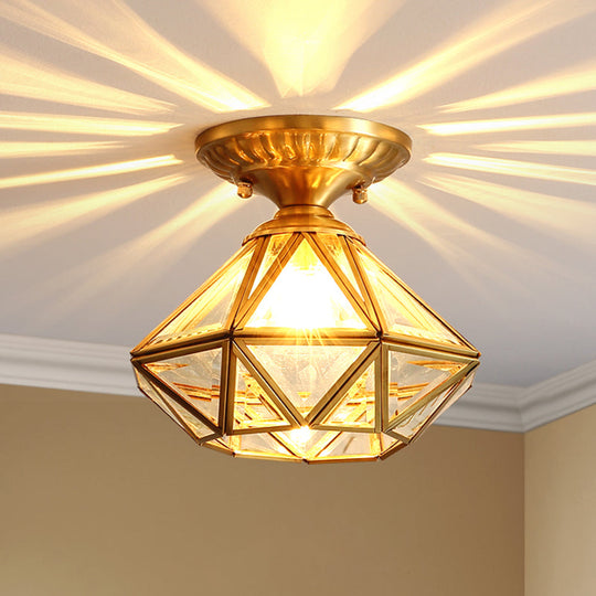 European Style Flush - Mount Ceiling Light: Full Brass Glass Shade 1 Light Polyhedron Design