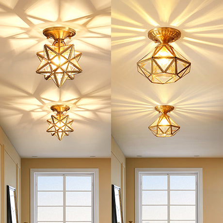 European Style Flush-Mount Ceiling Light: Full Brass Glass Shade 1 Light Polyhedron Design Bedroom