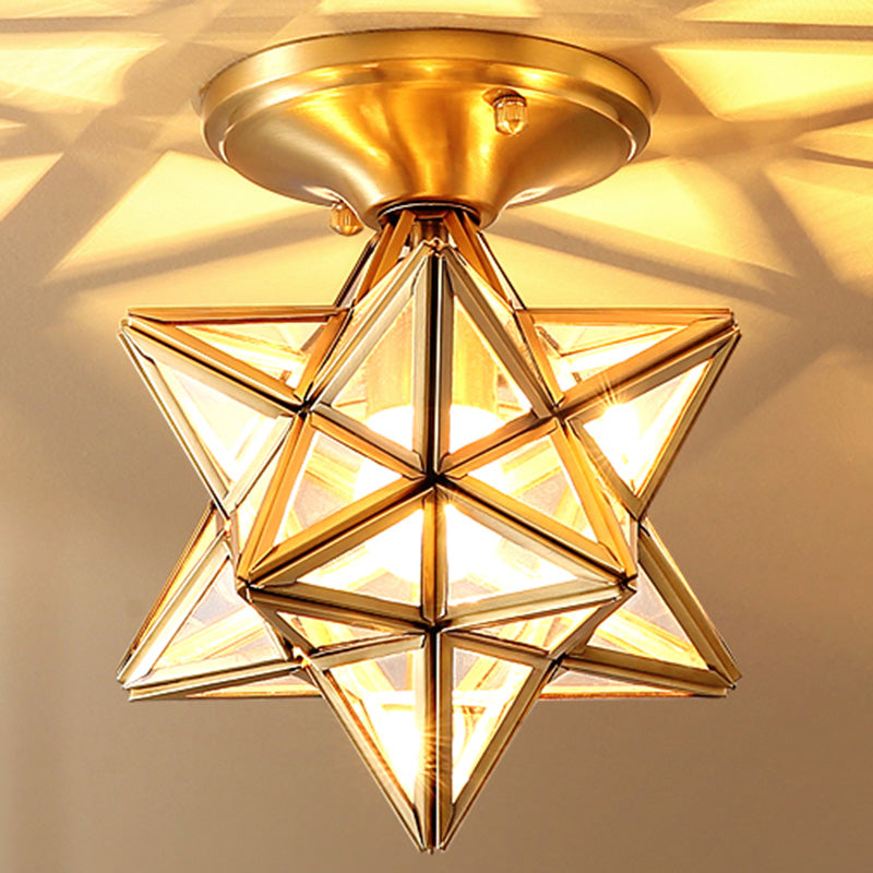 European Style Flush - Mount Ceiling Light: Full Brass Glass Shade 1 Light Polyhedron Design