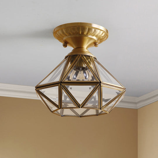 European Style Flush - Mount Ceiling Light: Full Brass Glass Shade 1 Light Polyhedron Design