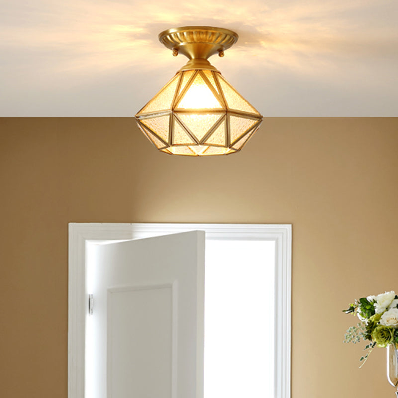 European Style Flush - Mount Ceiling Light: Full Brass Glass Shade 1 Light Polyhedron Design