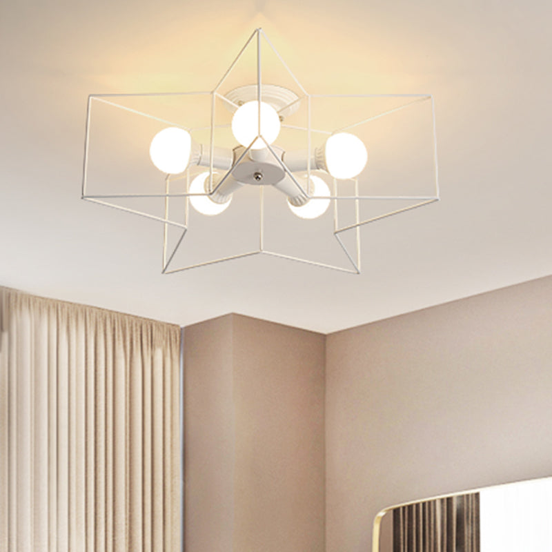 Industrial Style Ceiling Light: 5 - Bulb Flush Mount Fixture With Iron Frame Lampshade - Dining