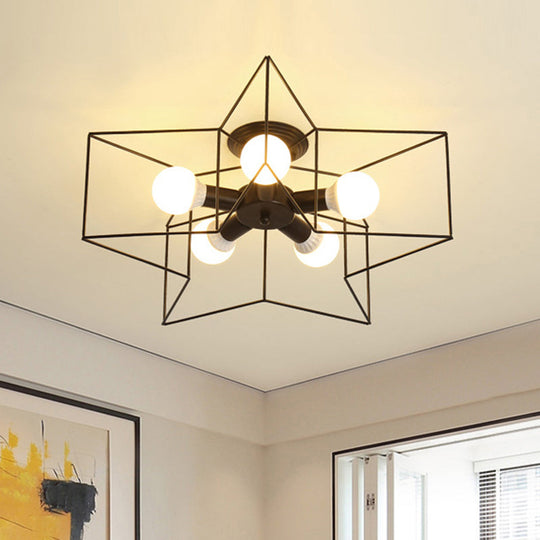 Industrial Style Ceiling Light: 5-Bulb Flush Mount Fixture With Iron Frame Lampshade - Dining Room