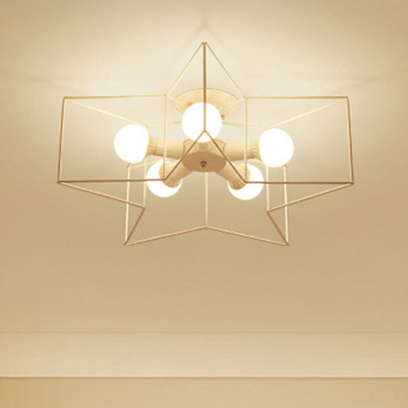 Industrial Style Ceiling Light: 5 - Bulb Flush Mount Fixture With Iron Frame Lampshade - Dining