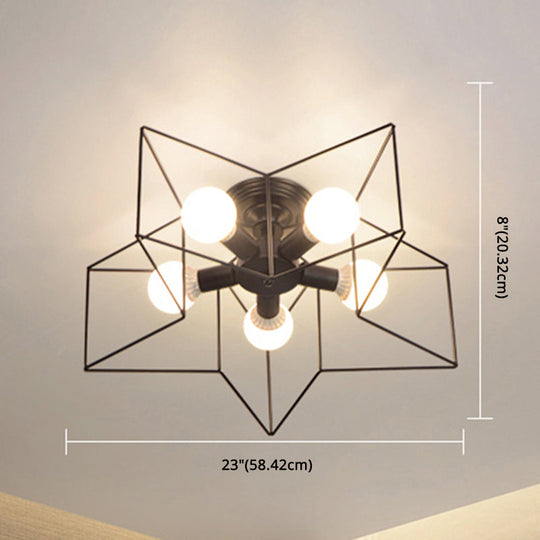 Industrial Style Ceiling Light: 5-Bulb Flush Mount Fixture With Iron Frame Lampshade - Dining Room