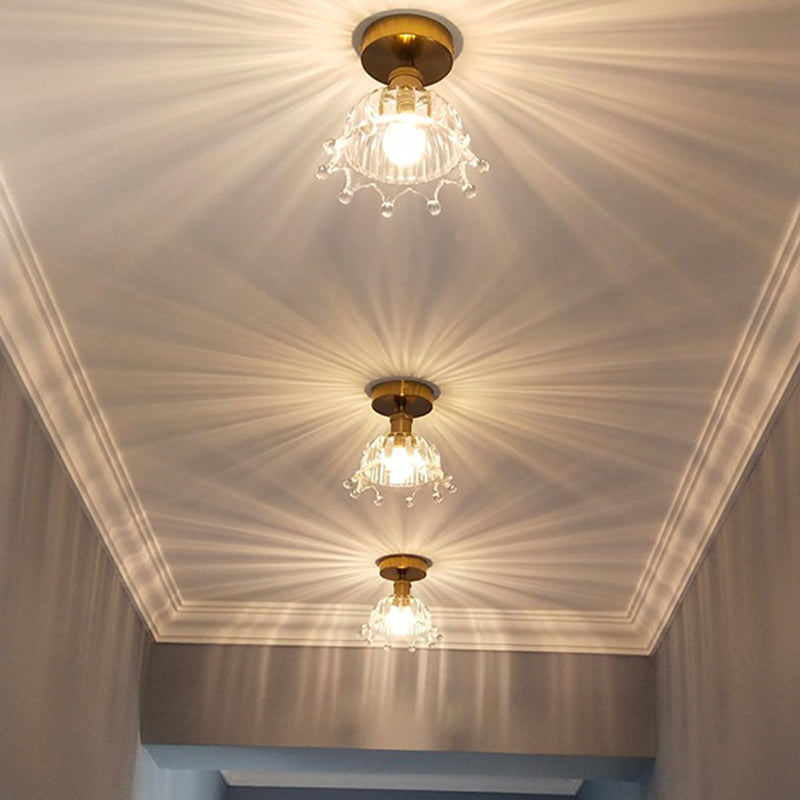 Brass Crown 1 Light Ceiling With Clear Stripes Glass Shade - Contemporary Aisle Lighting Fixture