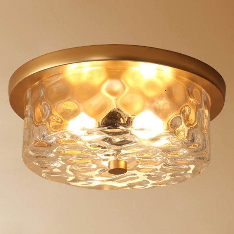 Colonial Style Glass Shade Ceiling Light - Polyhedron Flush-Mount For Bedroom Gold / Drum