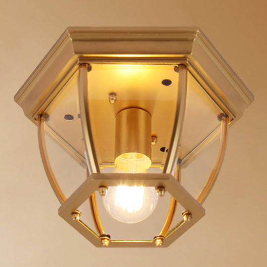Colonial Style Glass Shade Ceiling Light - Polyhedron Flush-Mount For Bedroom Gold / Lantern