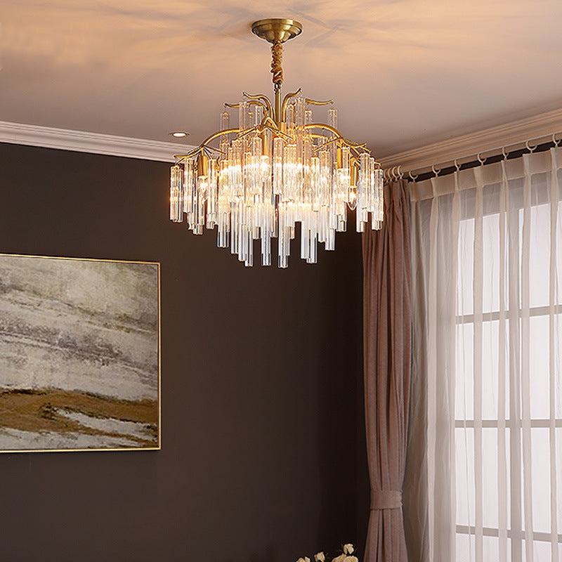 Postmodern Gold Curved Arm Chandelier With 7 Crystal Rod Heads - Tri-Sided Hanging Light Fixture