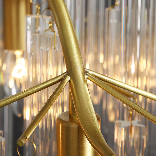 Postmodern Gold Curved Arm Chandelier With 7 Crystal Rod Heads - Tri-Sided Hanging Light Fixture