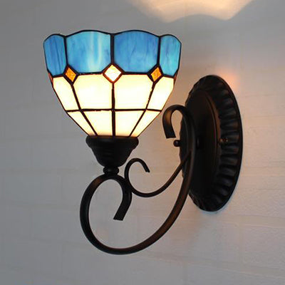 Scalloped Tiffany Stained Glass Wall Lamp - Multicolored Sky Blue/Beige/Blue-White 1 Head Fixture