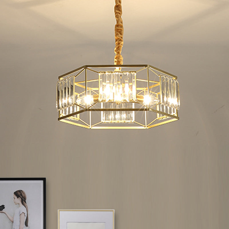 Modern Hexagon Metal Frame Hanging Light With Crystal Block - 3-Head Gold Ceiling Fixture
