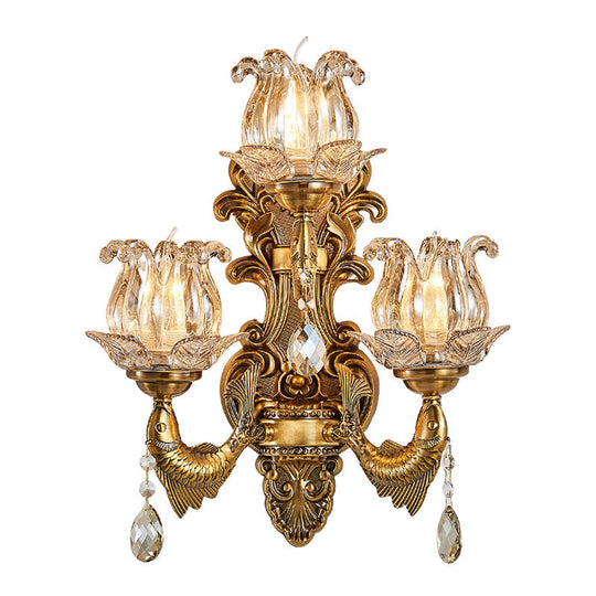 Vintage Brass Sconce Light Fixture With Flower Clear Glass Shade - 3-Head Wall For Living Room