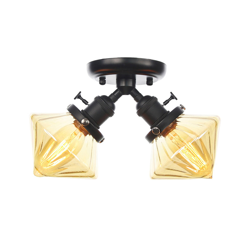 Diamond Amber/Clear Glass Semi Mount Farmhouse Light Fixture - 2 - Light Flush Black/Bronze Design