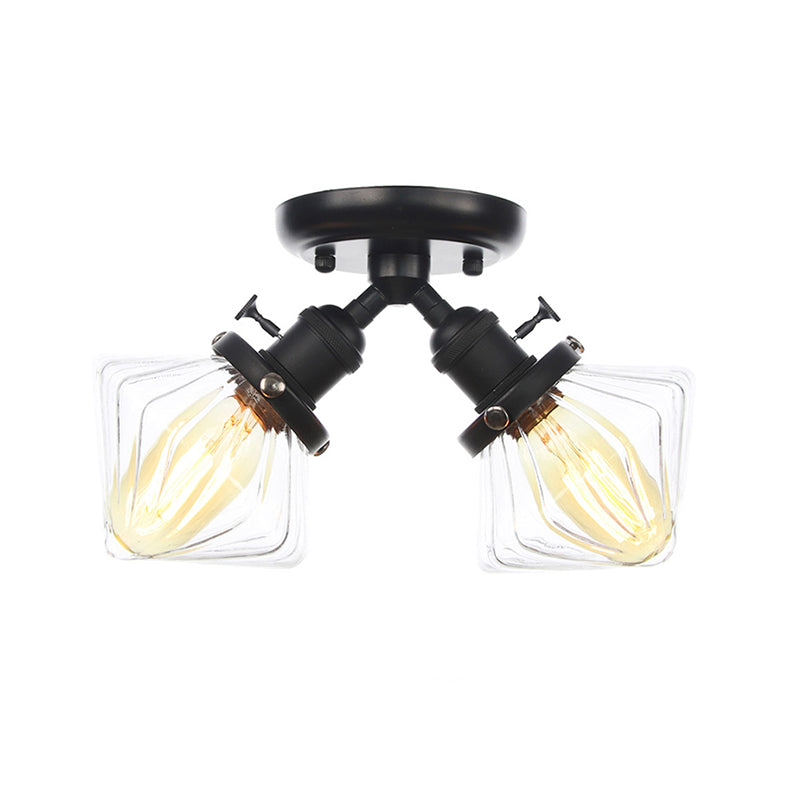 Diamond Amber/Clear Glass Semi Mount Farmhouse Light Fixture - 2 - Light Flush Black/Bronze Design