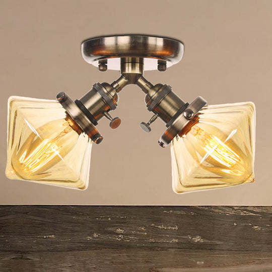 Diamond Amber/Clear Glass Semi Mount Farmhouse Light Fixture - 2 - Light Flush Black/Bronze Design