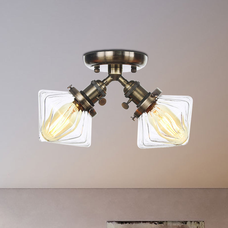 Diamond Amber/Clear Glass Semi Mount Farmhouse Light Fixture - 2 - Light Flush Black/Bronze Design