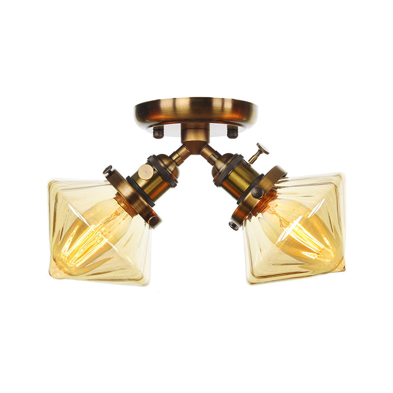 Diamond Amber/Clear Glass Semi Mount Farmhouse Light Fixture - 2 - Light Flush Black/Bronze Design