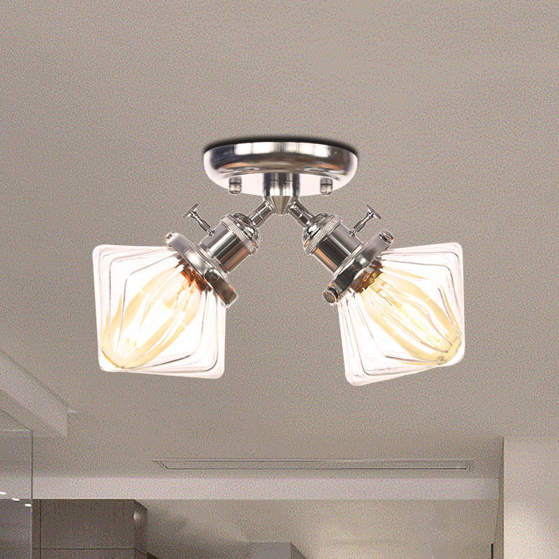 Diamond Amber/Clear Glass Semi Mount Farmhouse Light Fixture - 2 - Light Flush Black/Bronze Design