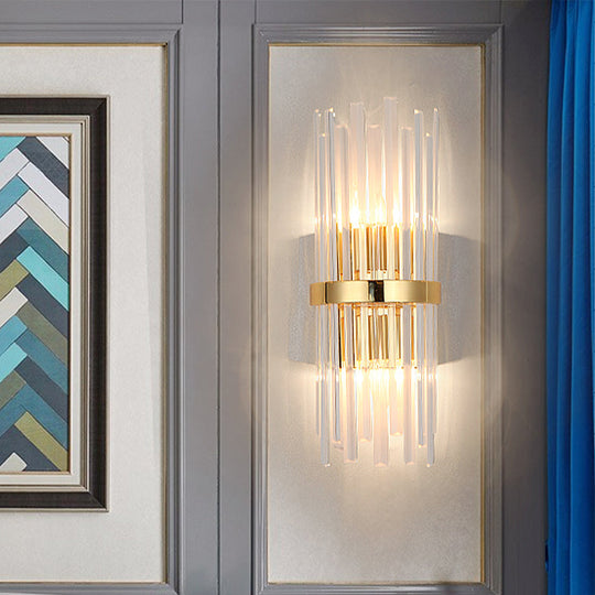 Modern Tri-Sided Crystal Rod Wall Light Fixture - Gold Sconce With Cylinder Design Dual Head