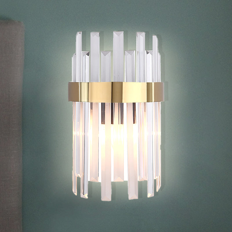 Postmodern Black/Gold Sconce Light Fixture With Crystal Rod Shade - 2 Heads Bedroom Wall