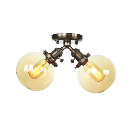 Farmhouse Style Semi Flush Ceiling Lamp - Metal And Glass With Dual Heads In Black/Bronze