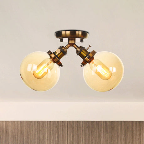 Farmhouse Style Semi Flush Ceiling Lamp - Metal And Glass With Dual Heads In Black/Bronze