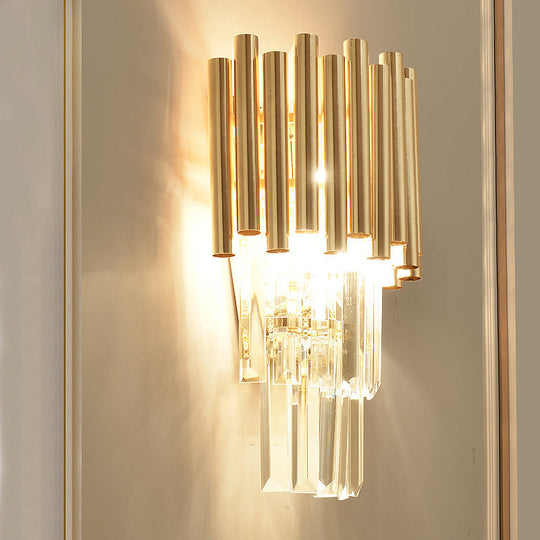 Modern Crystal Block Gold Sconce Light With 4 Tiered Wall-Mounted Heads For Bedroom