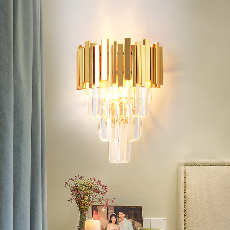Modern Gold Sconce Light - 4 Layer Wall Fixture With Tri-Sided Crystal Rods And 2 Heads