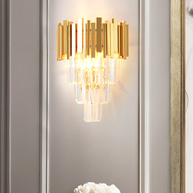 Modern Gold Sconce Light - 4 Layer Wall Fixture With Tri-Sided Crystal Rods And 2 Heads