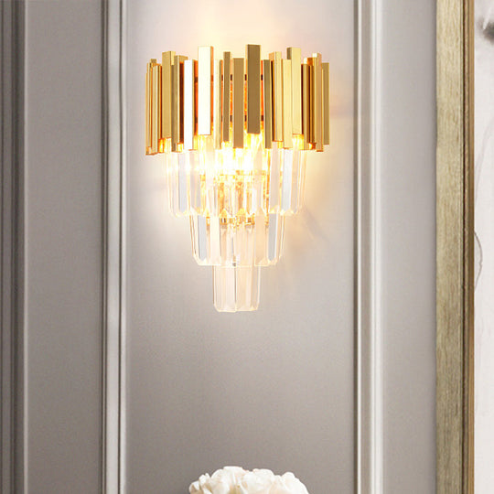 Modern Gold Sconce Light - 4 Layer Wall Fixture With Tri-Sided Crystal Rods And 2 Heads