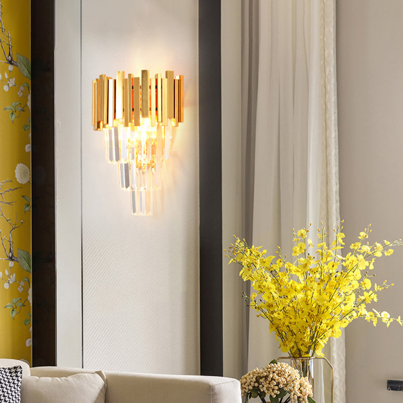 Modern Gold Sconce Light - 4 Layer Wall Fixture With Tri-Sided Crystal Rods And 2 Heads
